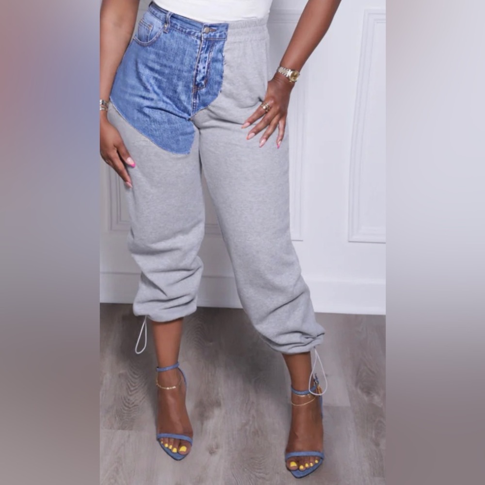 High waisted joggers with denim accent.
